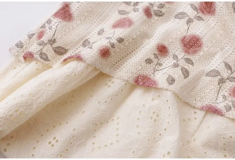 New Summer Vintage Vacation Travel Style Rose Lace Embroidery Fake Two Sundress Dresses Long Viscose Women Dress