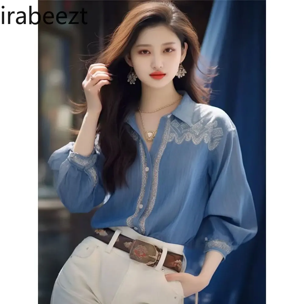 2025 Early Spring New Women's Wear Hong Kong Style Retro Blue Printed Shirt High-end Temperament Top Unique Beautiful Camisa