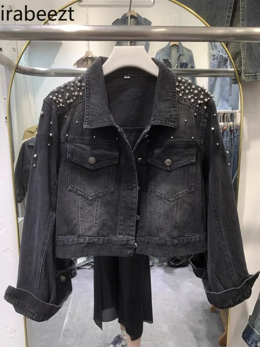 Hong Kong Style Denim Jacket for Women High-end Beaded Jacket 2025 Autumn Distressed Raw Edge Versatile Short Top