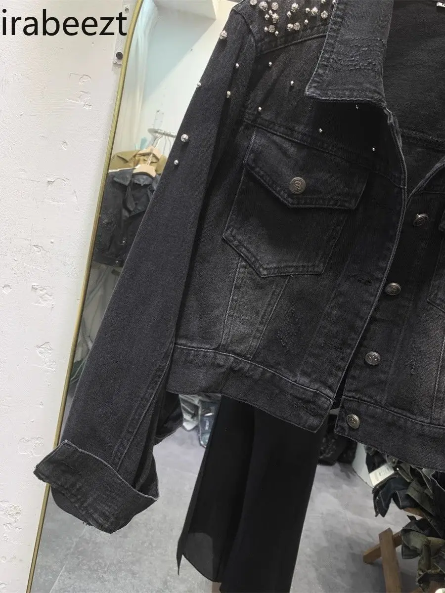 Hong Kong Style Denim Jacket for Women High-end Beaded Jacket 2025 Autumn Distressed Raw Edge Versatile Short Top