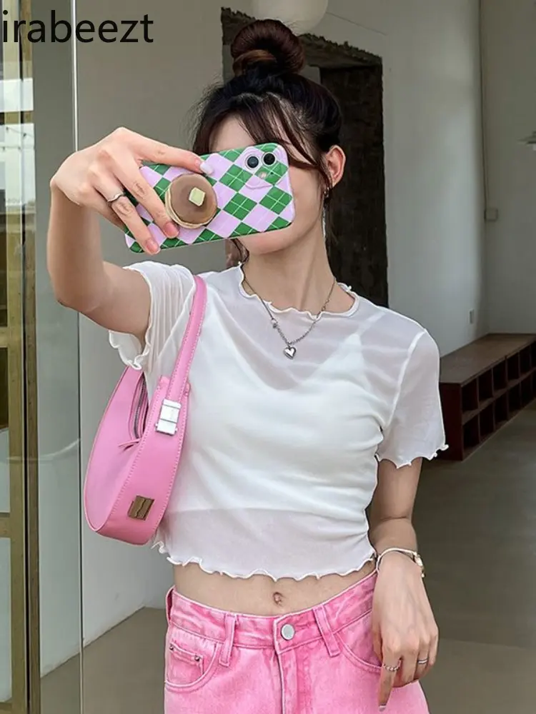 See Through Lace Bottom Women's Summer Short Sleeve T-shirt Thin Muslin Ruffle Edge Slim Fit White Short Mesh Top
