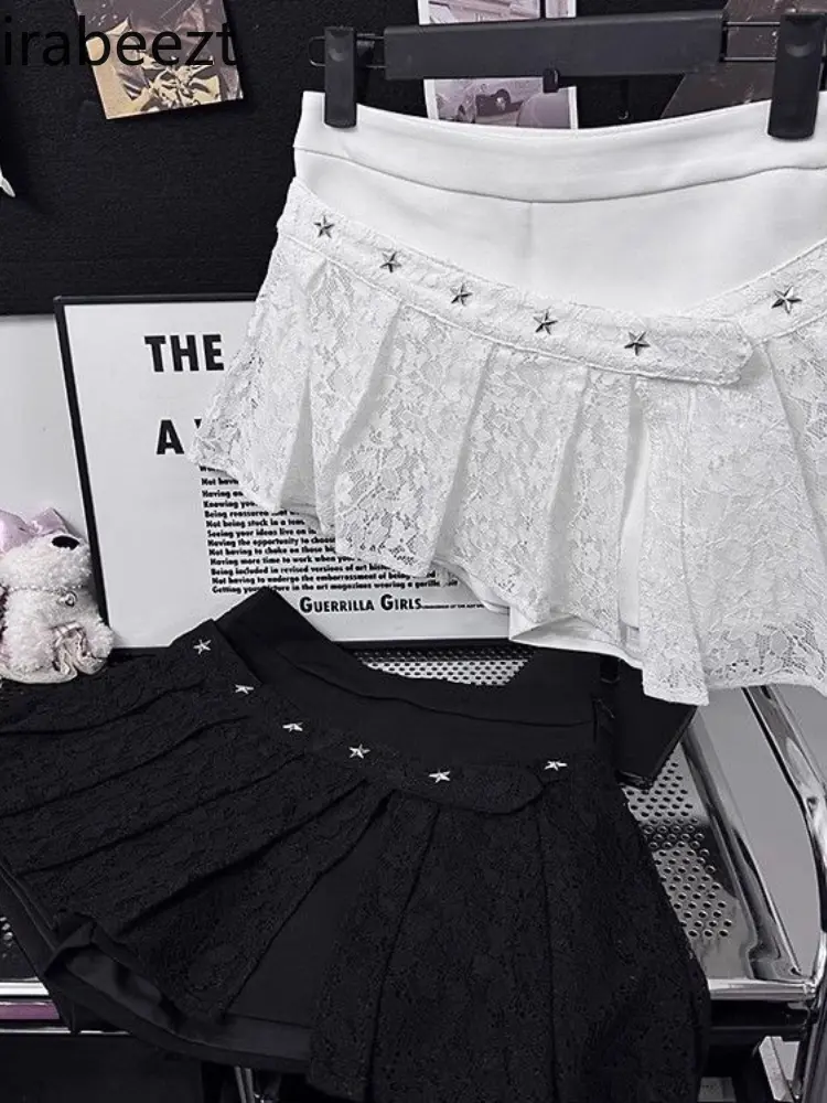 Lace Patchwork Pleated Short Skirt for Women's Spring/Summer 2025 New Style Hot Girl High-waisted Slimming A-line Skirt