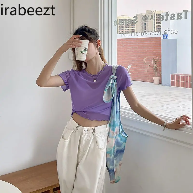 See Through Lace Bottom Women's Summer Short Sleeve T-shirt Thin Muslin Ruffle Edge Slim Fit White Short Mesh Top