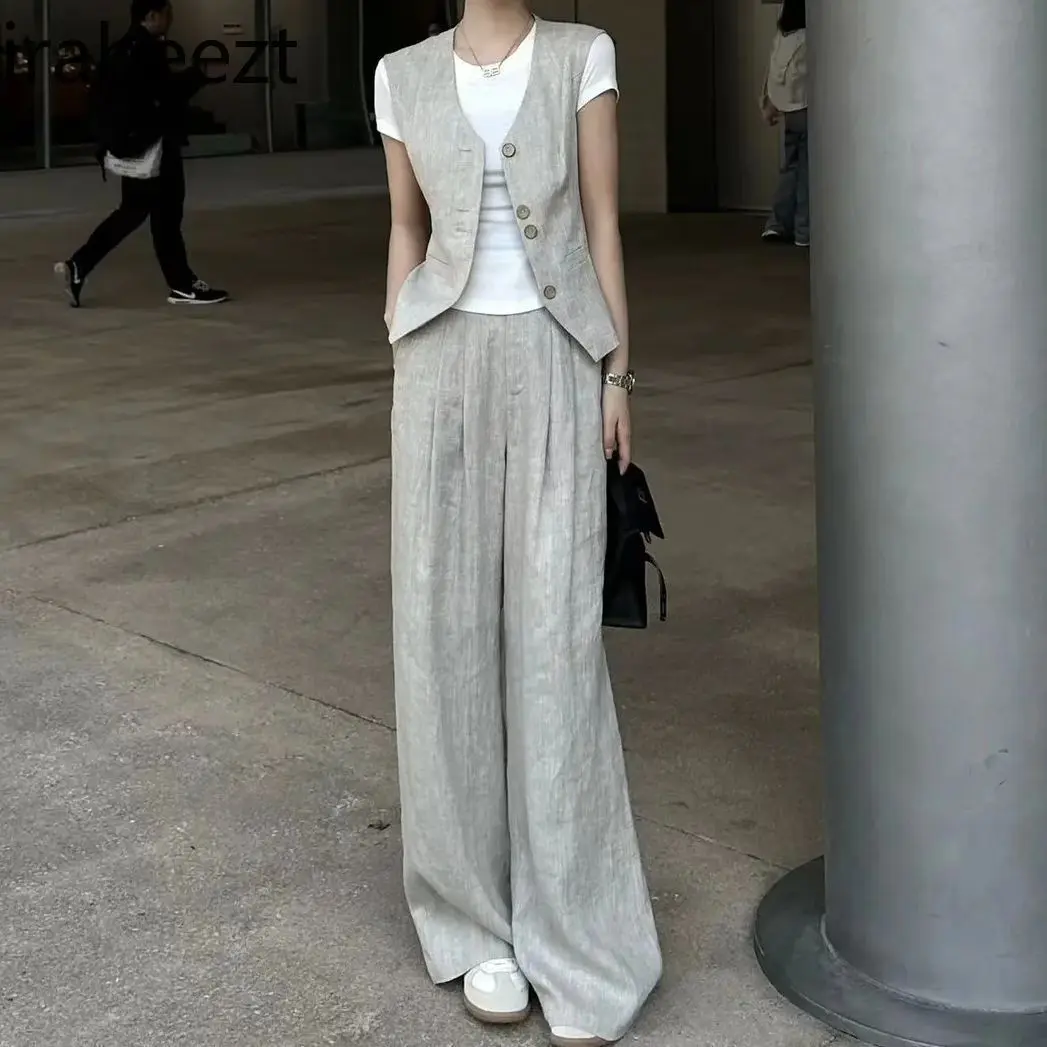 Women's Summer Linen Blazer Set - Lightweight  Blazer + Wide Leg Pants 2PC Set - Casual Chic Office & Vacation Outfit