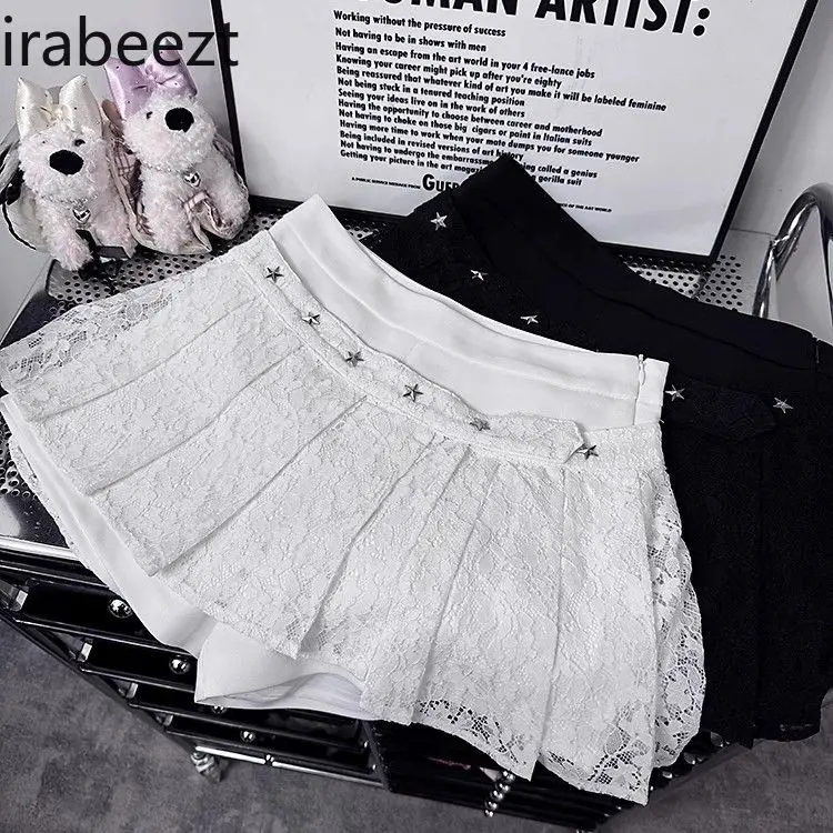 Lace Patchwork Pleated Short Skirt for Women's Spring/Summer 2025 New Style Hot Girl High-waisted Slimming A-line Skirt