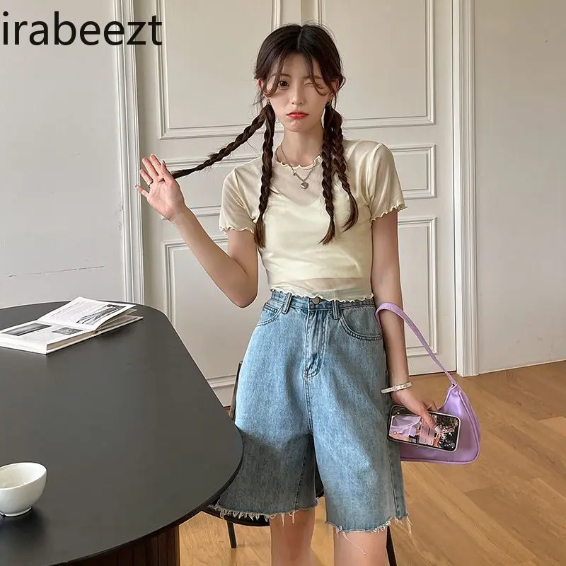 See Through Lace Bottom Women's Summer Short Sleeve T-shirt Thin Muslin Ruffle Edge Slim Fit White Short Mesh Top
