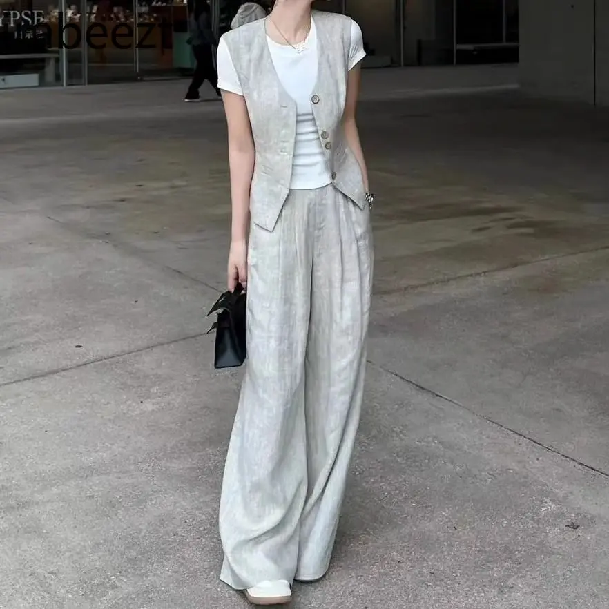 Women's Summer Linen Blazer Set - Lightweight  Blazer + Wide Leg Pants 2PC Set - Casual Chic Office & Vacation Outfit