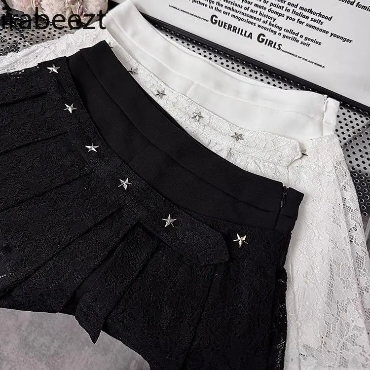 Lace Patchwork Pleated Short Skirt for Women's Spring/Summer 2025 New Style Hot Girl High-waisted Slimming A-line Skirt