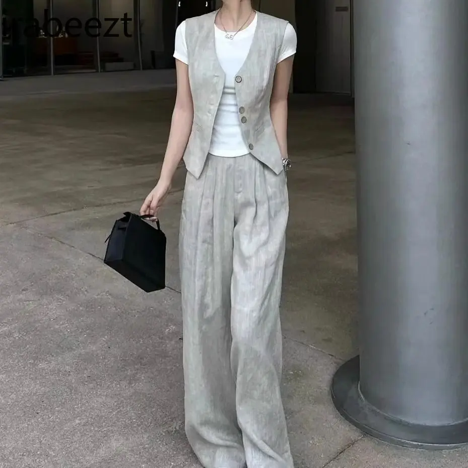 Women's Summer Linen Blazer Set - Lightweight  Blazer + Wide Leg Pants 2PC Set - Casual Chic Office & Vacation Outfit