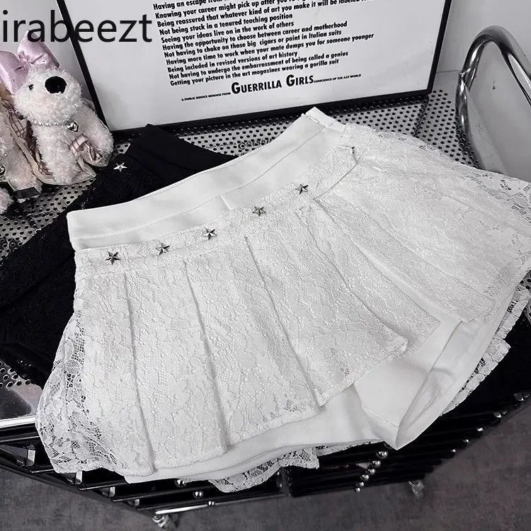 Lace Patchwork Pleated Short Skirt for Women's Spring/Summer 2025 New Style Hot Girl High-waisted Slimming A-line Skirt