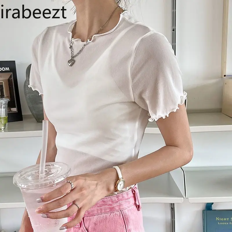 See Through Lace Bottom Women's Summer Short Sleeve T-shirt Thin Muslin Ruffle Edge Slim Fit White Short Mesh Top
