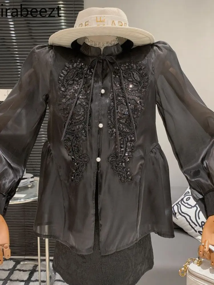 New Chinese Style Retro National Style Ladylike Design Blouse Loose Buckle Tassel Fashion Versatile Long-sleeved Top