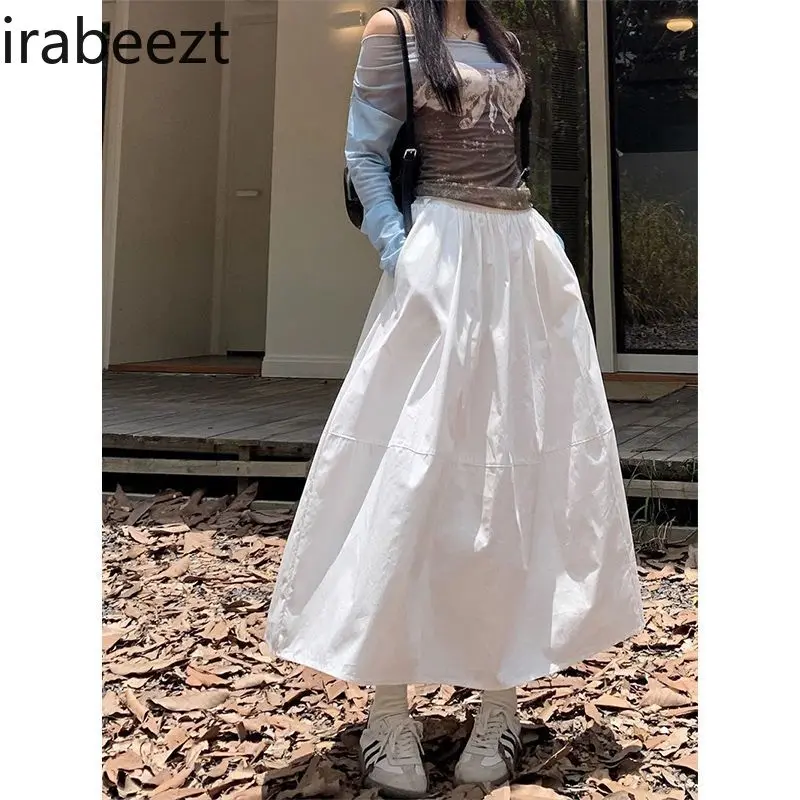 Pure Cotton White Women's Spring and Autumn 2024 New Drape Large Swing Skirt High Waist Slim A-line Mid-length Skirt