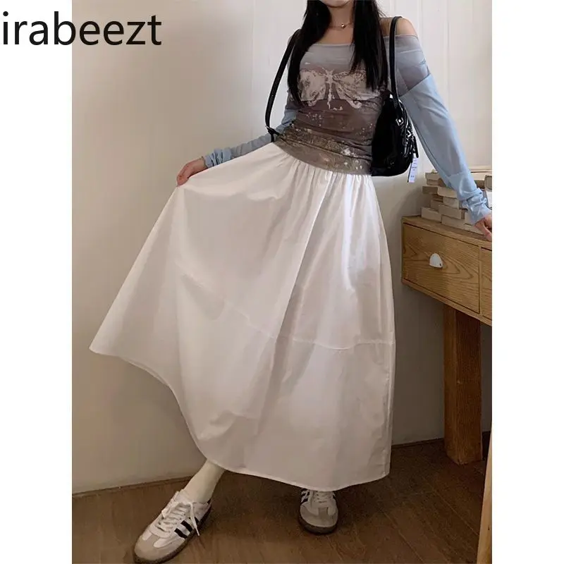 Pure Cotton White Women's Spring and Autumn 2024 New Drape Large Swing Skirt High Waist Slim A-line Mid-length Skirt