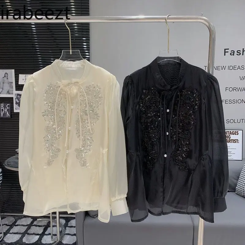New Chinese Style Retro National Style Ladylike Design Blouse Loose Buckle Tassel Fashion Versatile Long-sleeved Top