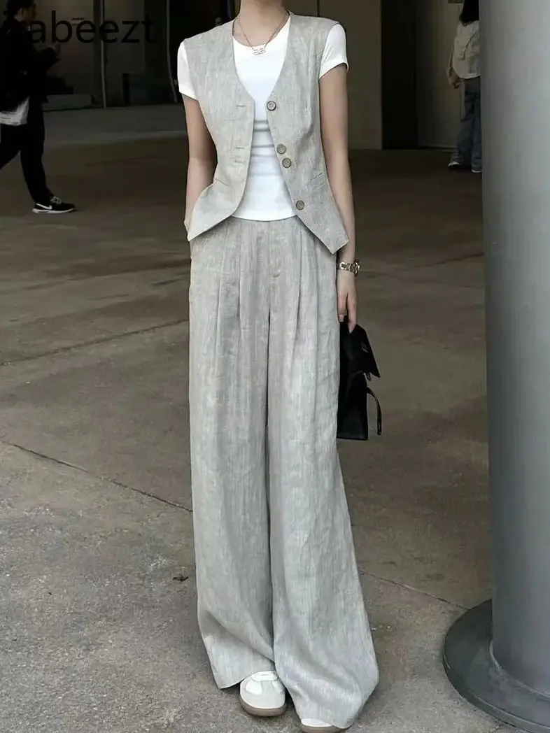 Women's Summer Linen Blazer Set - Lightweight  Blazer + Wide Leg Pants 2PC Set - Casual Chic Office & Vacation Outfit