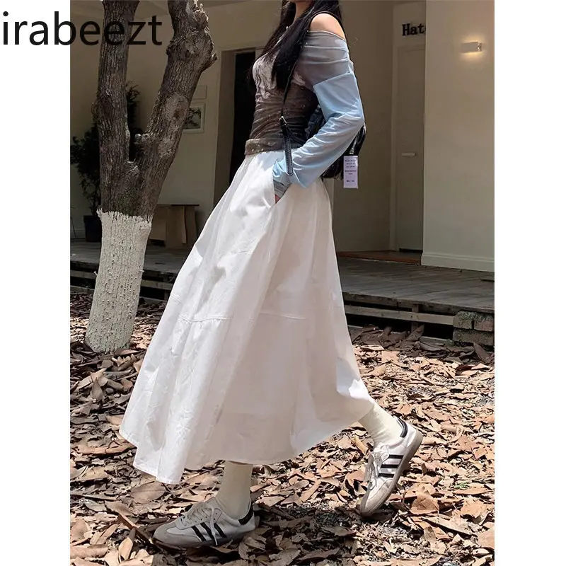 Pure Cotton White Women's Spring and Autumn 2024 New Drape Large Swing Skirt High Waist Slim A-line Mid-length Skirt