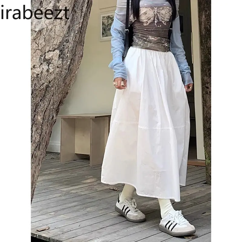 Pure Cotton White Women's Spring and Autumn 2024 New Drape Large Swing Skirt High Waist Slim A-line Mid-length Skirt