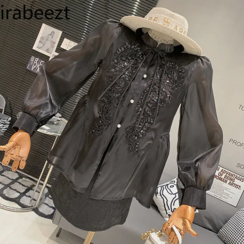 New Chinese Style Retro National Style Ladylike Design Blouse Loose Buckle Tassel Fashion Versatile Long-sleeved Top