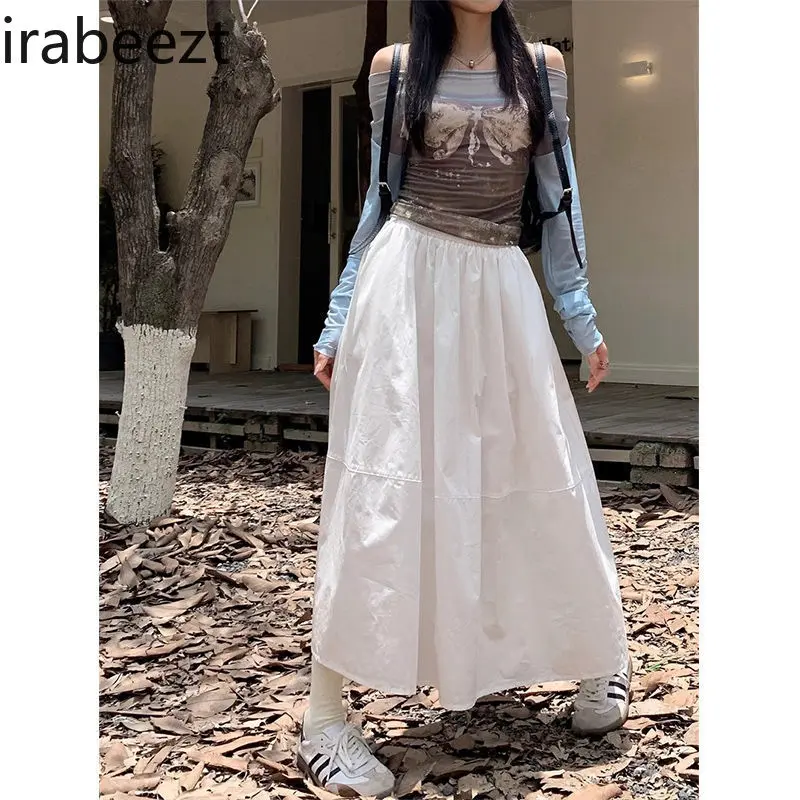 Pure Cotton White Women's Spring and Autumn 2024 New Drape Large Swing Skirt High Waist Slim A-line Mid-length Skirt