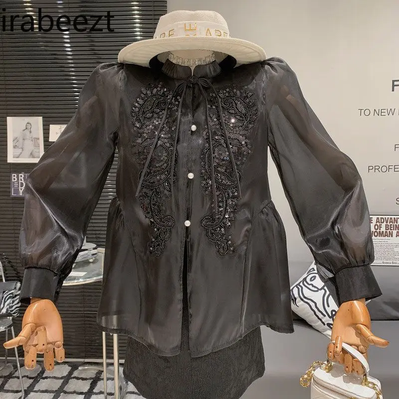 New Chinese Style Retro National Style Ladylike Design Blouse Loose Buckle Tassel Fashion Versatile Long-sleeved Top
