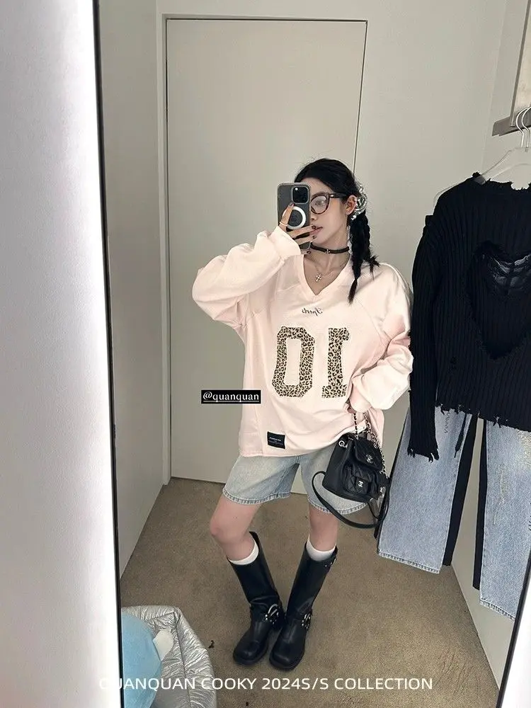 Los Angeles Vibe American Retro Design Sweatshirt Sports Style Leopard Print Letter Long-sleeved T-shirt Hoodies Women