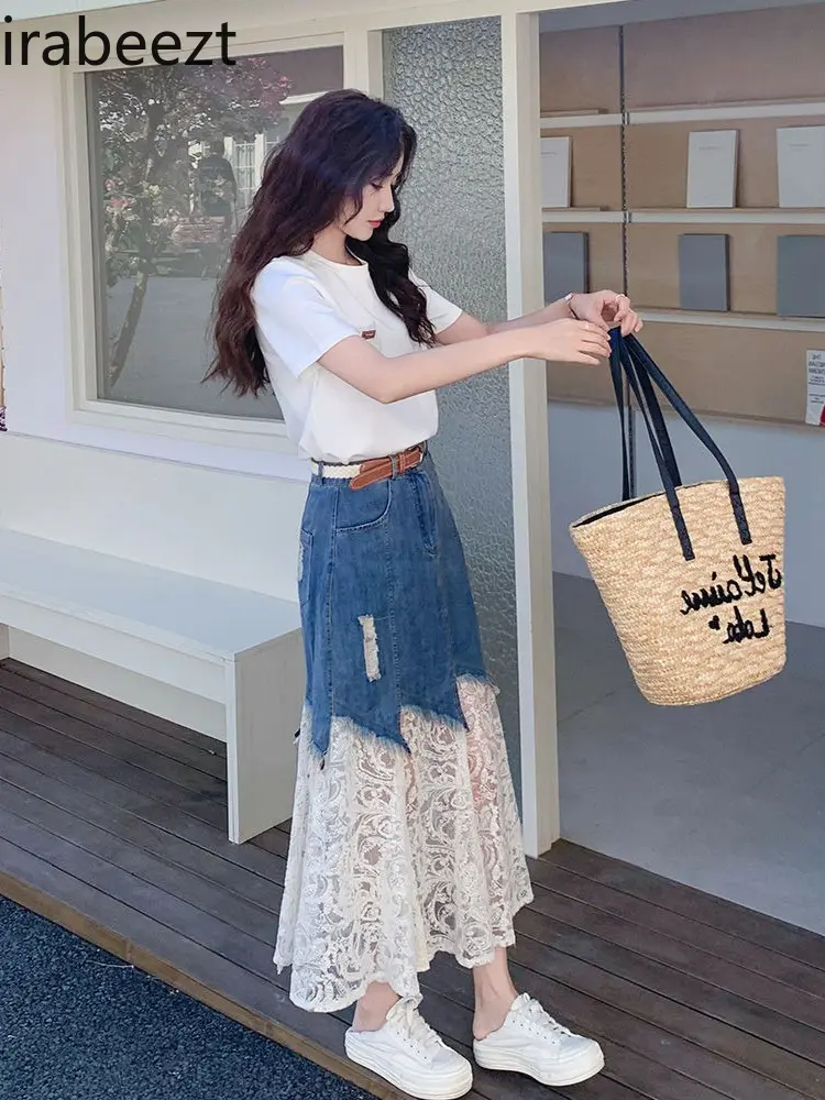 2025 Summer Women's Elegant Lace Sleeve Top + Denim Skirt Set Office Lady Chic Two-Piece Outfit Fashion Splicing Y2K Style