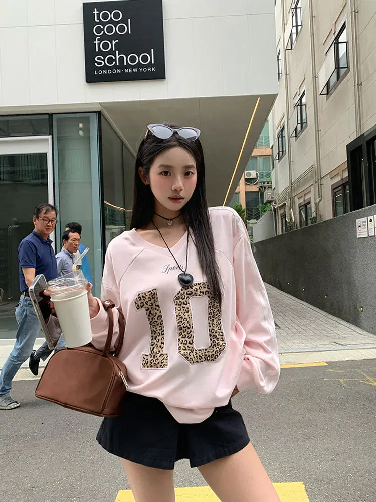 Los Angeles Vibe American Retro Design Sweatshirt Sports Style Leopard Print Letter Long-sleeved T-shirt Hoodies Women