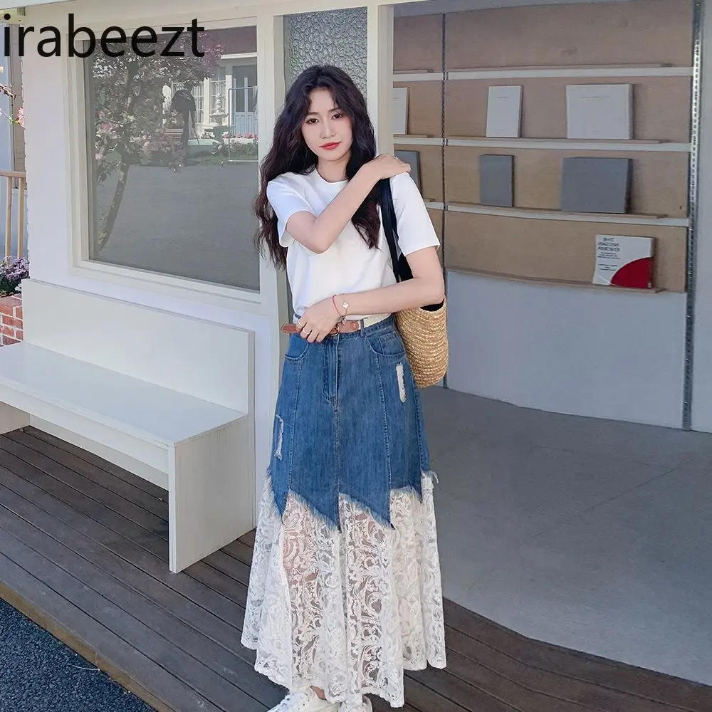 2025 Summer Women's Elegant Lace Sleeve Top + Denim Skirt Set Office Lady Chic Two-Piece Outfit Fashion Splicing Y2K Style