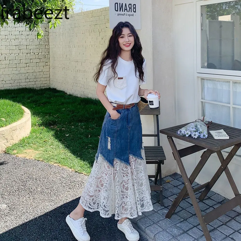 2025 Summer Women's Elegant Lace Sleeve Top + Denim Skirt Set Office Lady Chic Two-Piece Outfit Fashion Splicing Y2K Style
