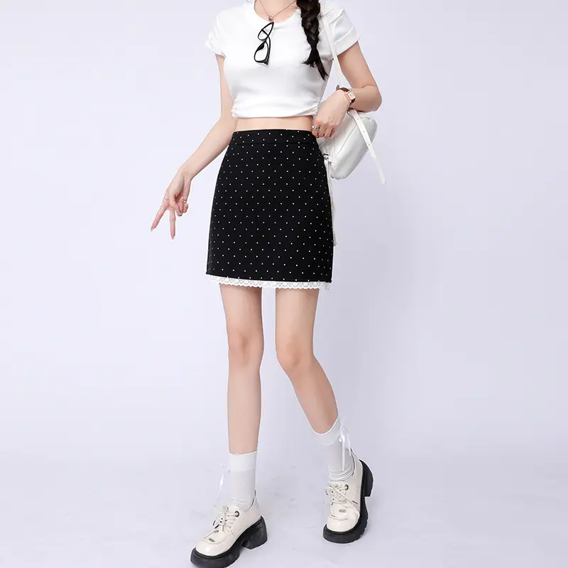 Polka Dot Skirt Women Knee Length Pink Skirts With Lace High Waist Robe Female Outfits Ladies Clothes