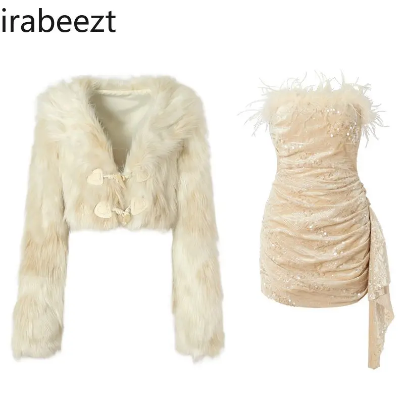 Autumn/Winter Champagne Rose Sequin Velvet Wrap Hip Dress Medieval Imitation Mink Fur Coat Set Cinjunto De Dos Piezas Mujer