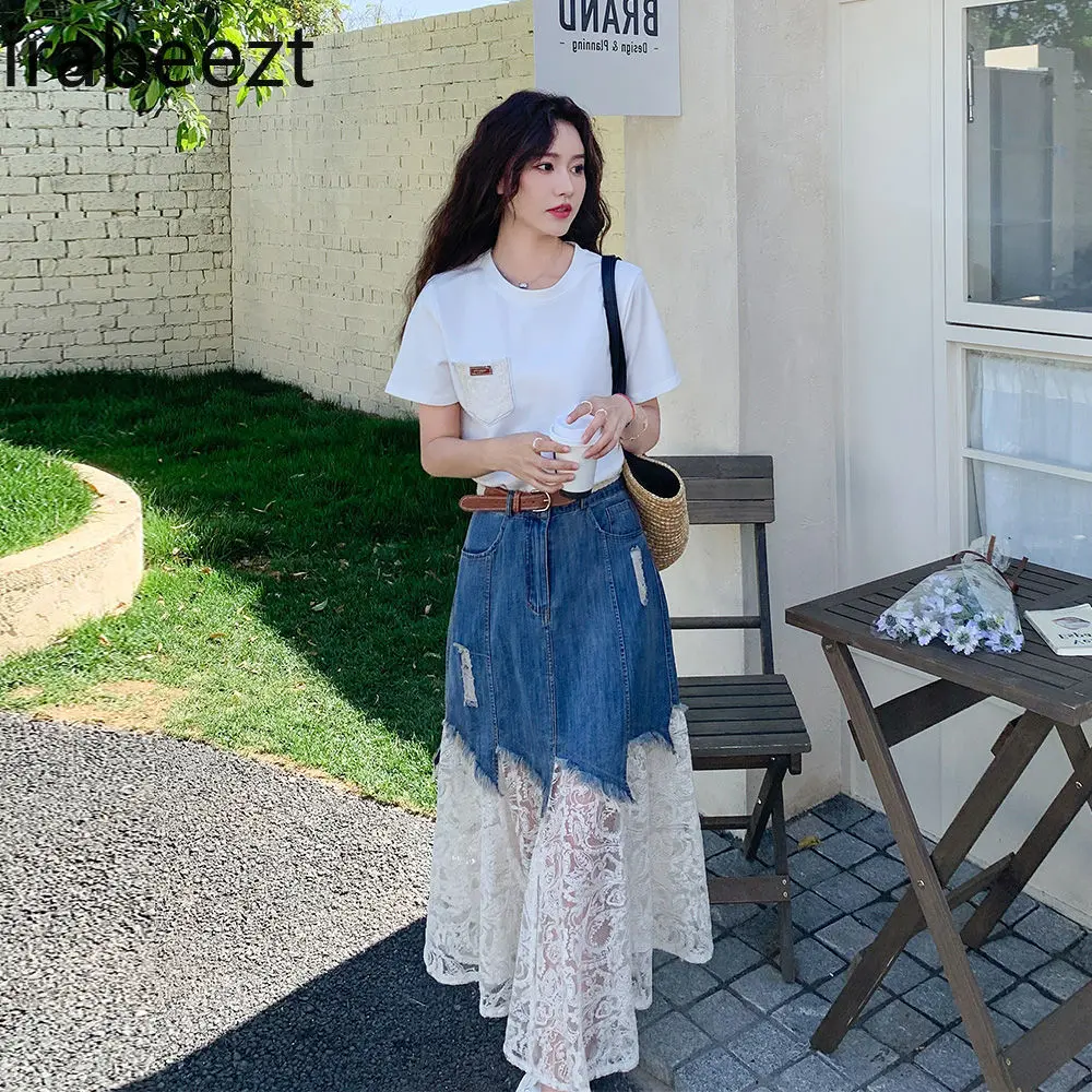 2025 Summer Women's Elegant Lace Sleeve Top + Denim Skirt Set Office Lady Chic Two-Piece Outfit Fashion Splicing Y2K Style