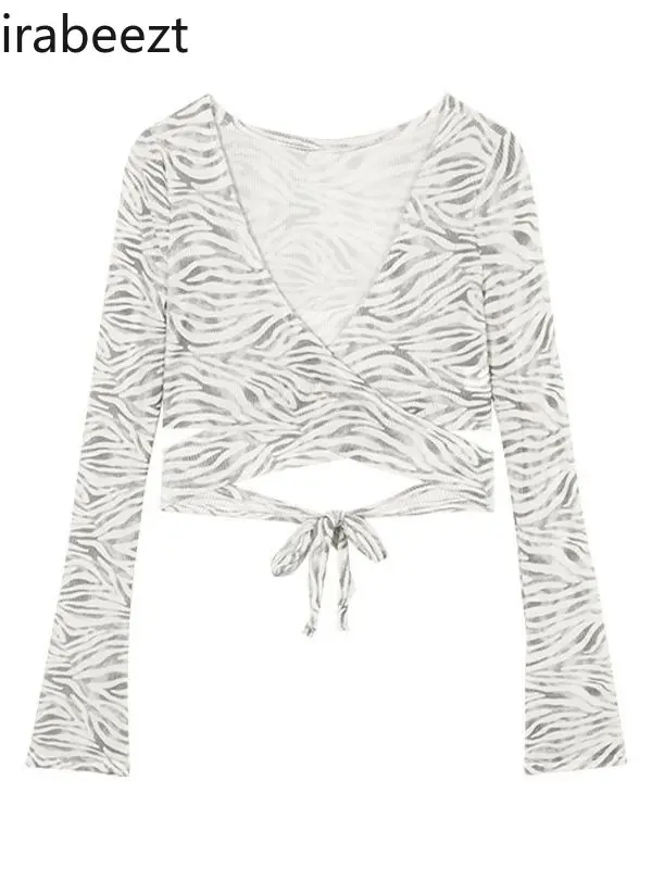 Fashion Streetwear Hot Girl V-neck Zebra Print Long-sleeved T-shirt Women's Summer Design Niche Petite Sexy Strappy Short Top