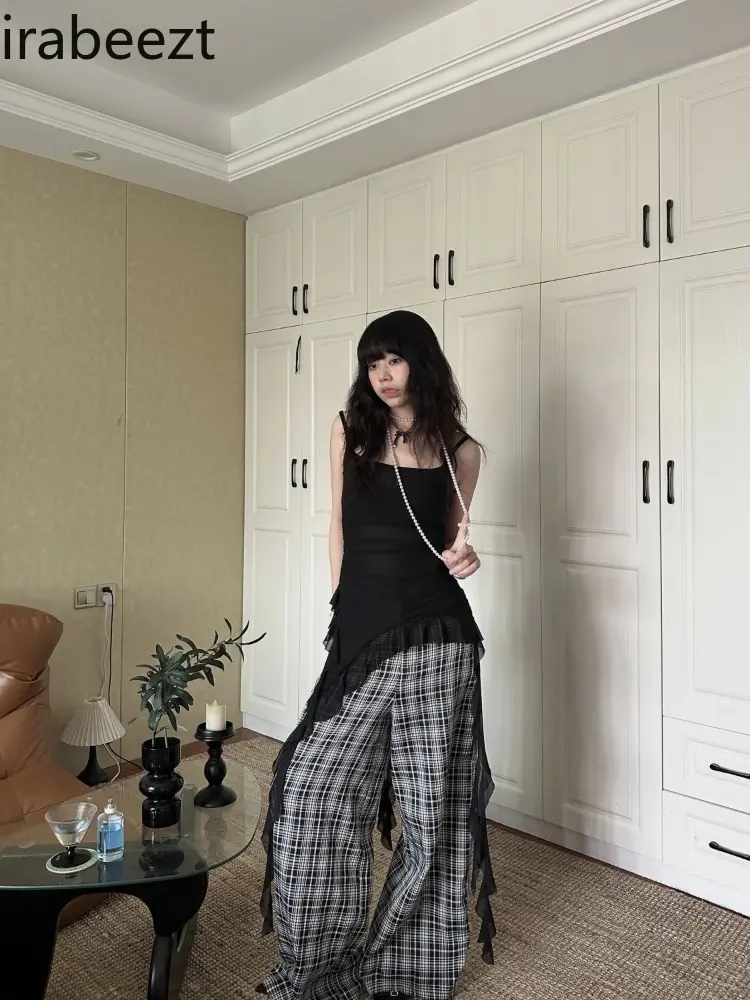 Black Irregular Hem Side Pleated Halter Vest Female Summer Spice Girl Ruffle Edge Streamer Sleeveless Top Solid Color Camisoles
