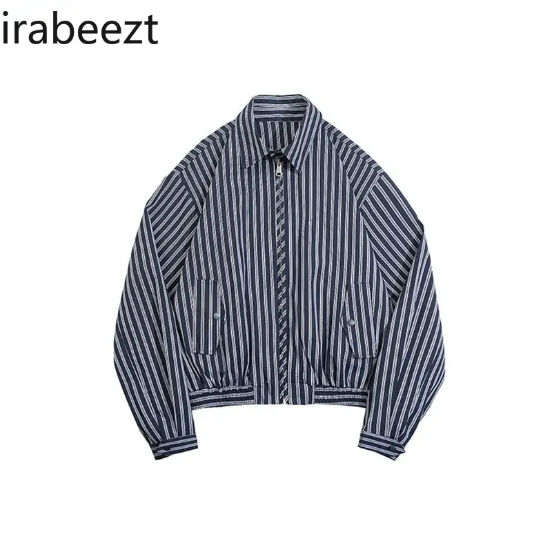 Vintage Zipper Jacket Men and Women Spring and Autumn High Street Retro Striped Coat Trendy Ins Short Design Top