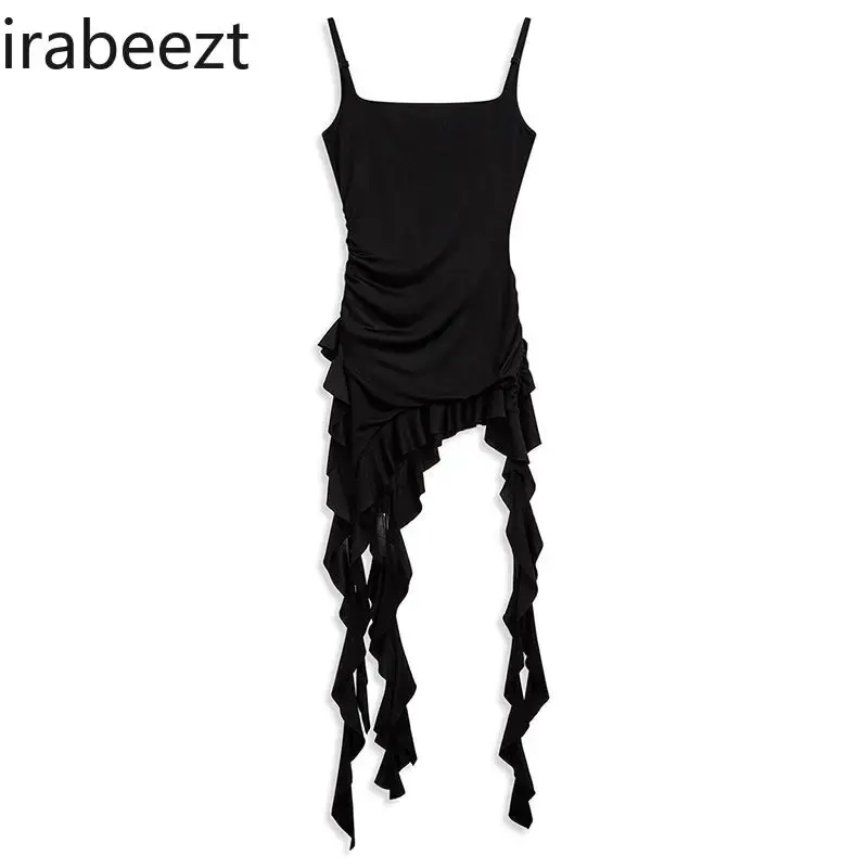 Black Irregular Hem Side Pleated Halter Vest Female Summer Spice Girl Ruffle Edge Streamer Sleeveless Top Solid Color Camisoles