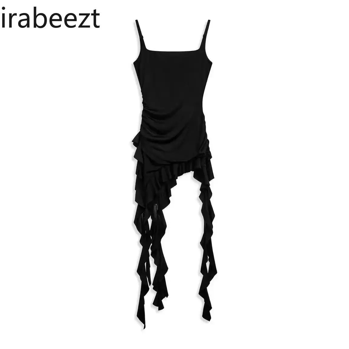 Black Irregular Hem Side Pleated Halter Vest Female Summer Spice Girl Ruffle Edge Streamer Sleeveless Top Solid Color Camisoles