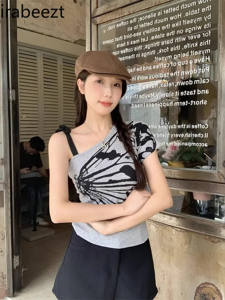 Retro Ink Painting Style Butterfly Print T-shirt for Women Summer Oblique Shoulder Waist Bottoming Suspender Short-sleeved Top