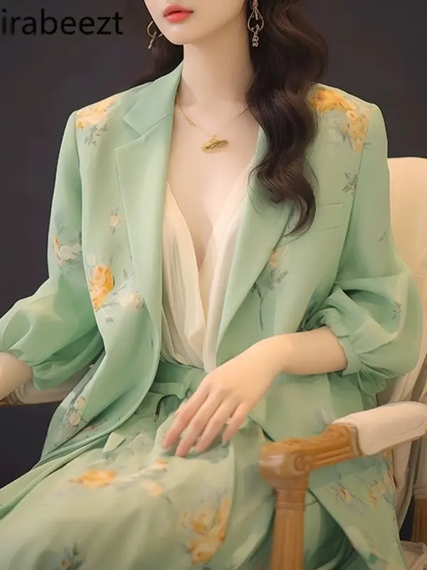 This Year's Fashion Beautiful High-grade Sense of Temperament Green Floral Suit Skirt Spring and Autumn Blazer Sets