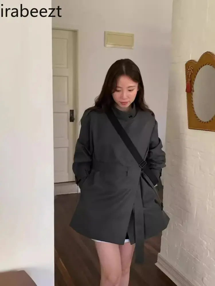 2024 Korean Version Korean Cape Trench Coat Women's Autumn Regular Small British Style Stand-up Collar Long Jacket