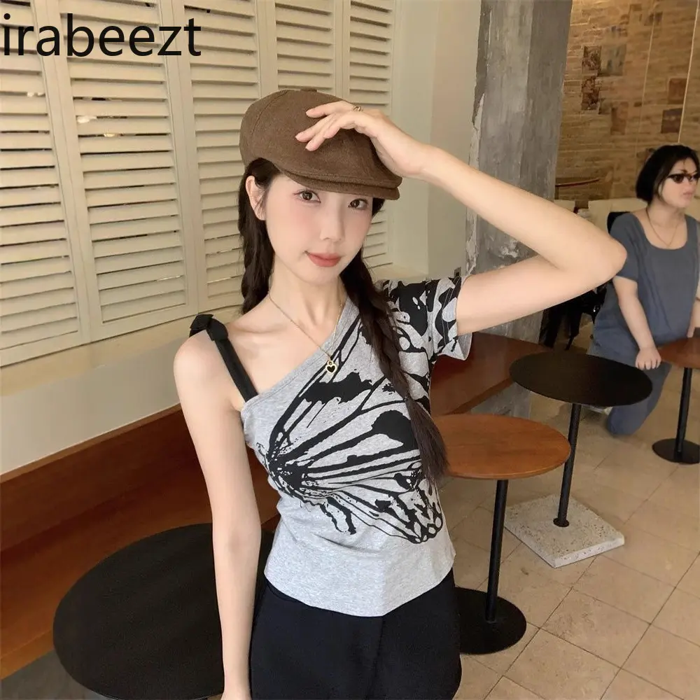 Retro Ink Painting Style Butterfly Print T-shirt for Women Summer Oblique Shoulder Waist Bottoming Suspender Short-sleeved Top