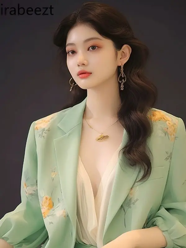 This Year's Fashion Beautiful High-grade Sense of Temperament Green Floral Suit Skirt Spring and Autumn Blazer Sets