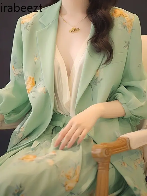 This Year's Fashion Beautiful High-grade Sense of Temperament Green Floral Suit Skirt Spring and Autumn Blazer Sets