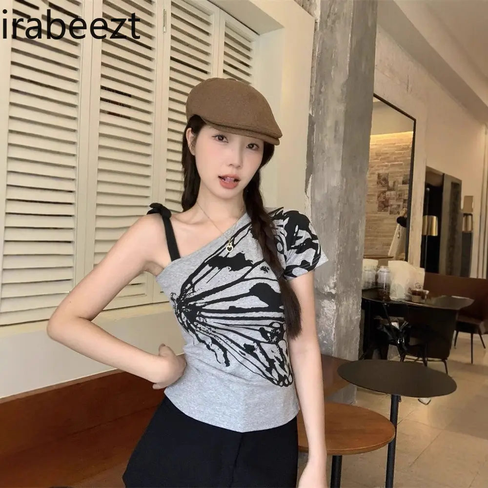 Retro Ink Painting Style Butterfly Print T-shirt for Women Summer Oblique Shoulder Waist Bottoming Suspender Short-sleeved Top