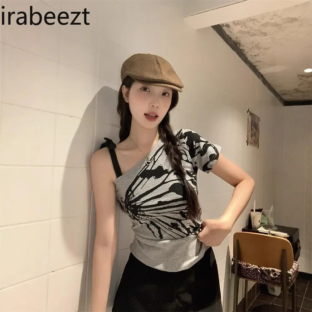 Retro Ink Painting Style Butterfly Print T-shirt for Women Summer Oblique Shoulder Waist Bottoming Suspender Short-sleeved Top