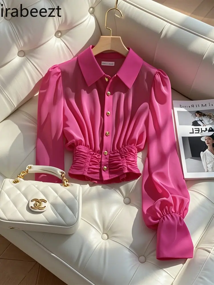 Western Style High-end Chic Small Shirt Cool Style Unique High-end French Waist Long-sleeved Rose Red Blouse for Women in Autumn