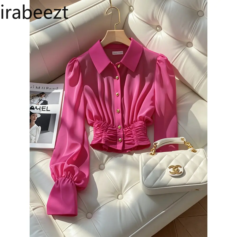Western Style High-end Chic Small Shirt Cool Style Unique High-end French Waist Long-sleeved Rose Red Blouse for Women in Autumn