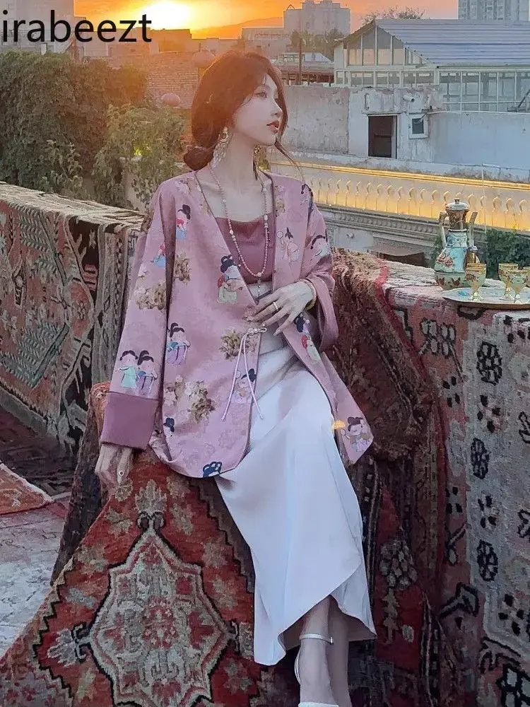 Chinese Style Coat Women 2024 Autumn Dress New Retro Fashion Super Fairy Slip Dress Suit Regulai Fit Vestidos De Mujer