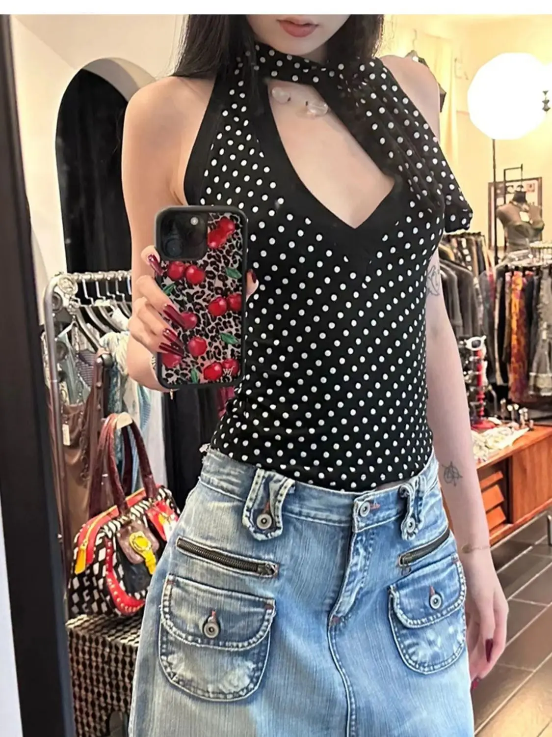 French Polka Dot Halter Vest Summer New Sexy Girl Design Hollow Out Thin Everything Vetement Femme Slim Fit Y2k Crop Top